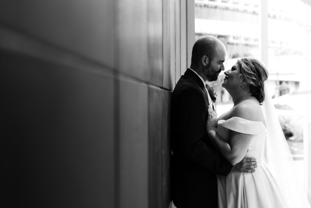 black and white portrait of bride and groom.